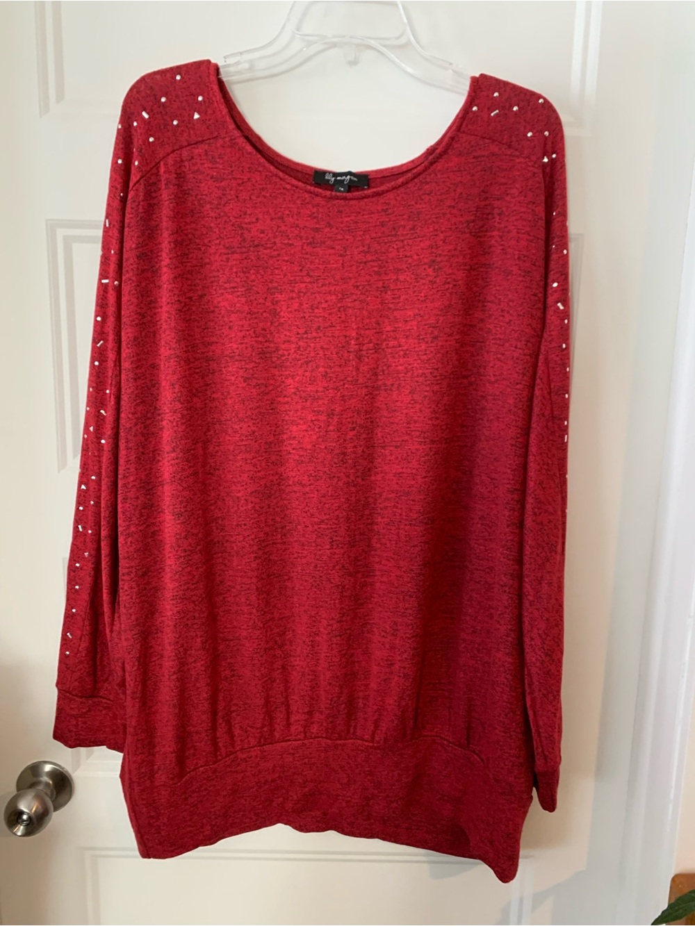 Lilly Morgan , Women's plus Ruby Red Studded Long Sleeve Top
